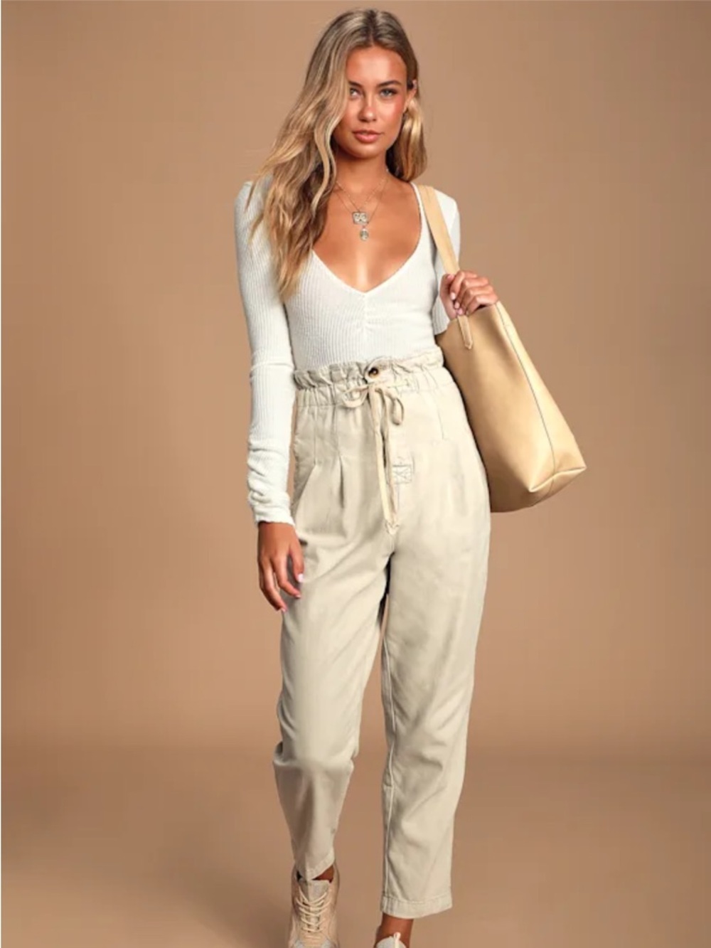 NWT Free People Women's Margate Beige Paperbag Waist Pleated Trouser Pants - S
